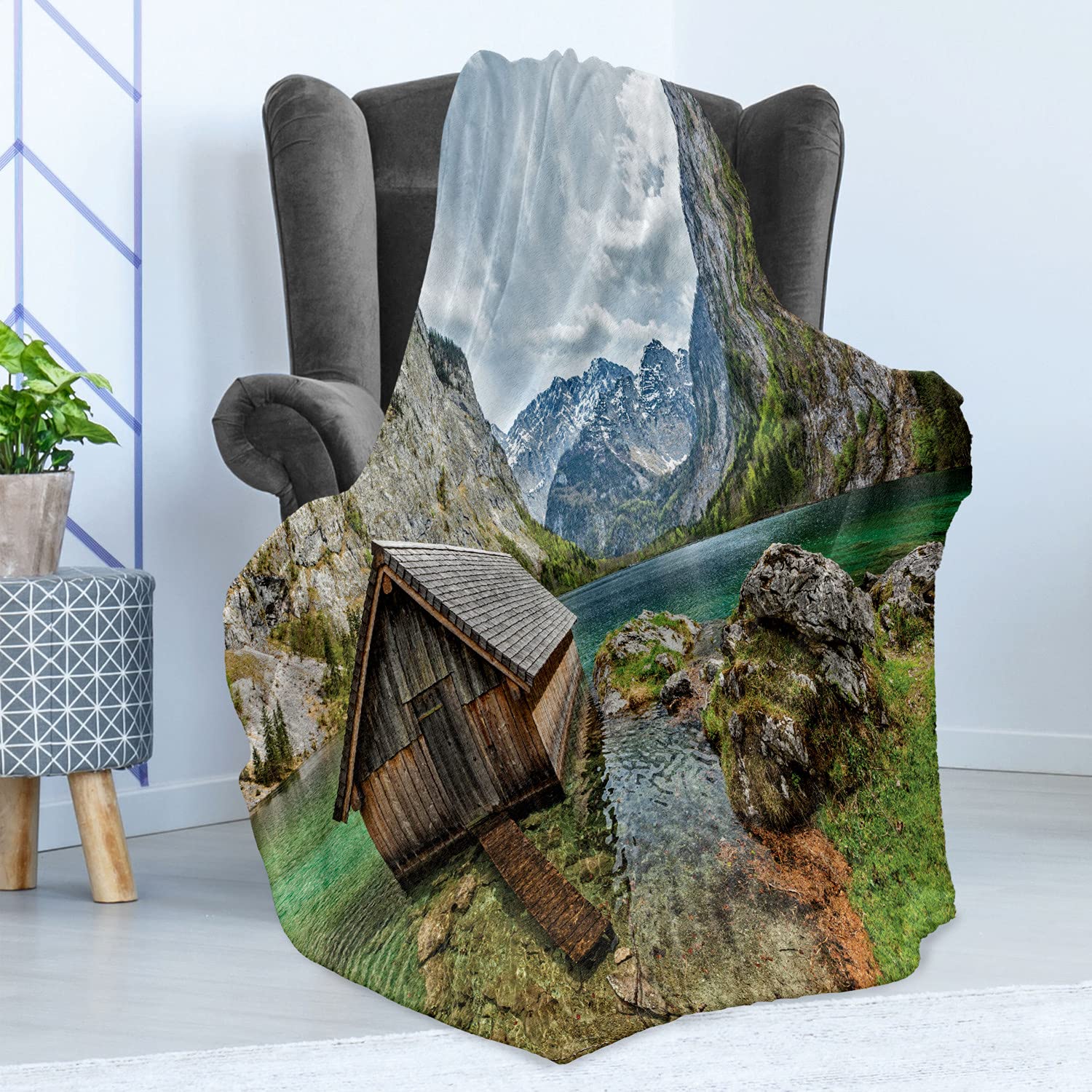 Ambesonne Flannel Fleece Throw Blanket - Dock on The Lake Alpine Mountains Germany European Nature Photo - Soft 60