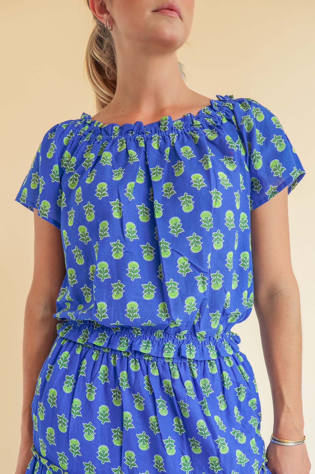 Ilana Printed Organic Cotton Women's Top | Blue & Green Floral Design | Casual Wear, Summer Outfits, Boho Style Fashion