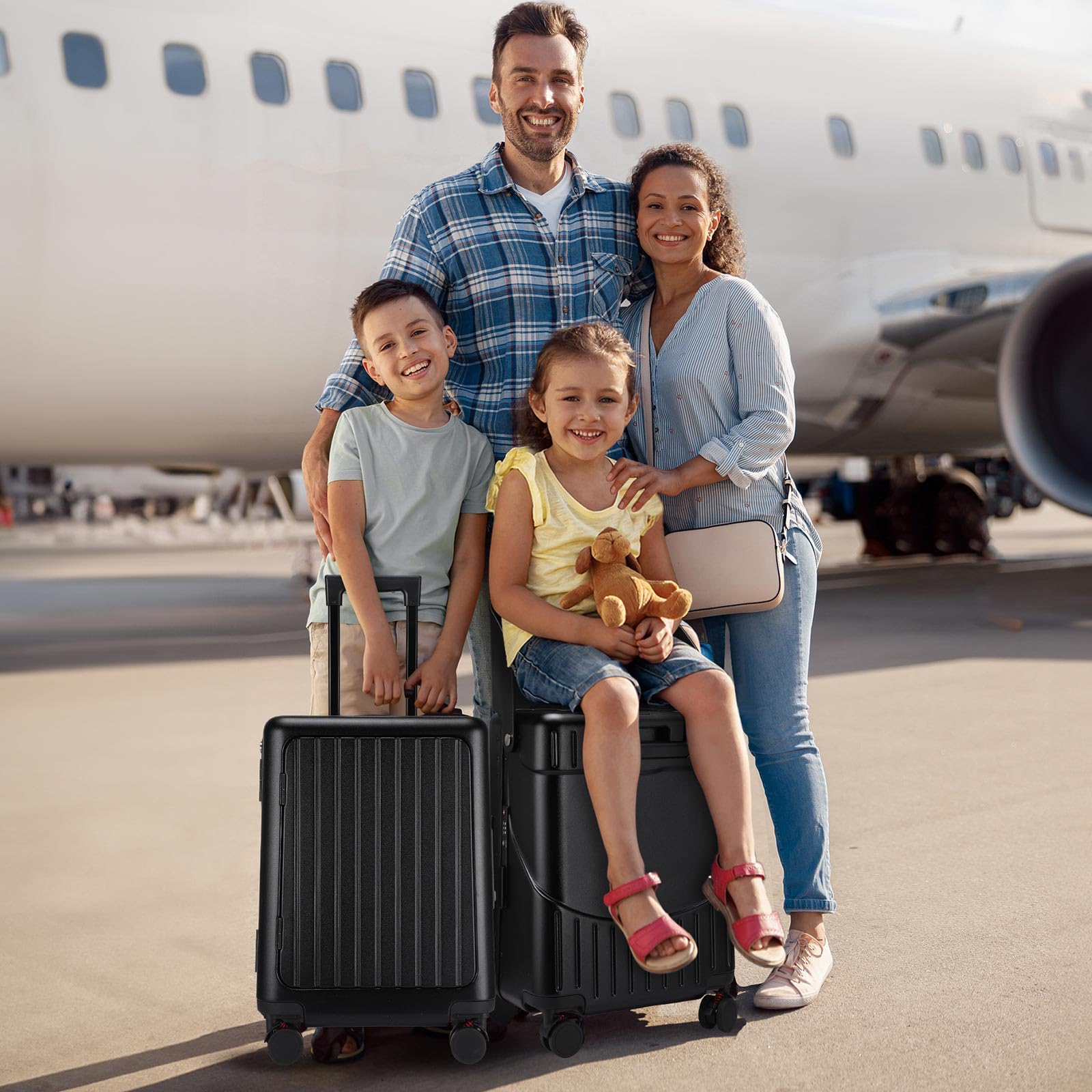 20 Inch Kids Ride-On Luggage with Seat - Top Opening Aluminum Frame Suitcase with 360° Spinner Wheels & TSA Locks - Perfect for Air Travel & Family Vacations (Black)