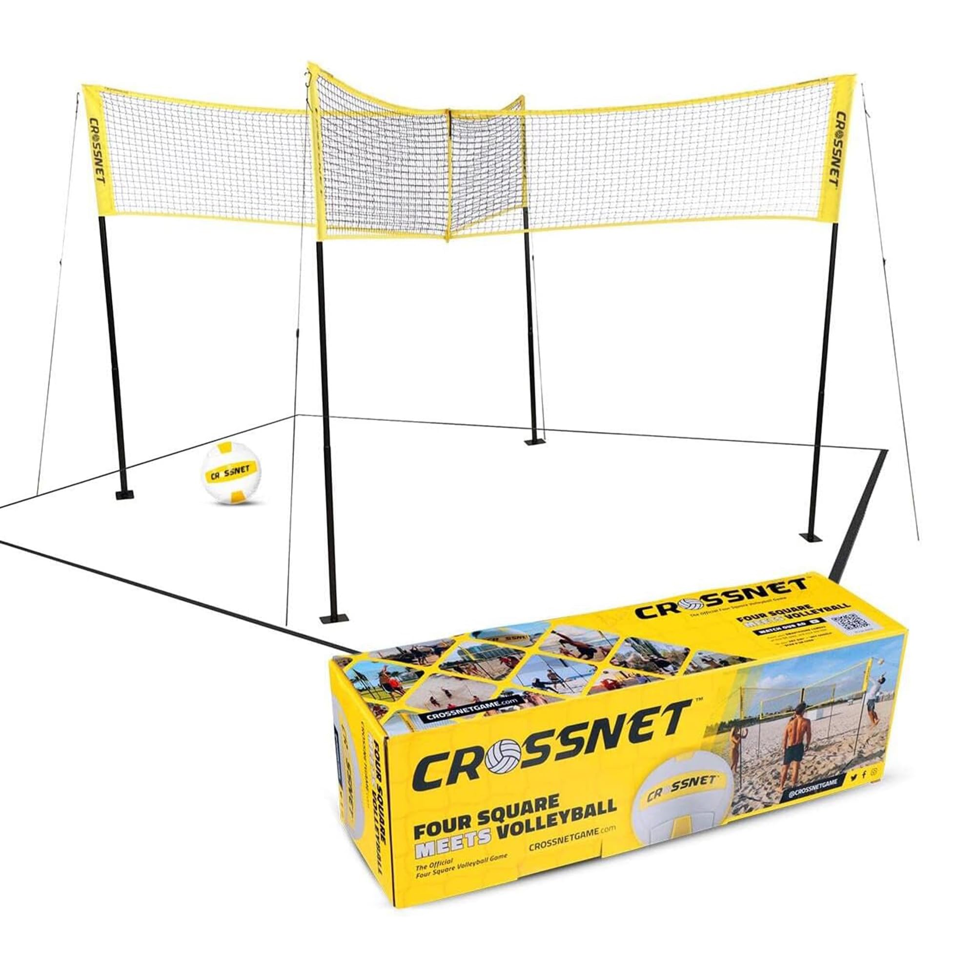 Crossnet Quick Assemble 4 Square Volleyball Game Set with Net, Backpack & Ball - Outdoor Sports Equipment for Adults & Kids - Perfect for Beach, Backyard, Park and Family Gatherings
