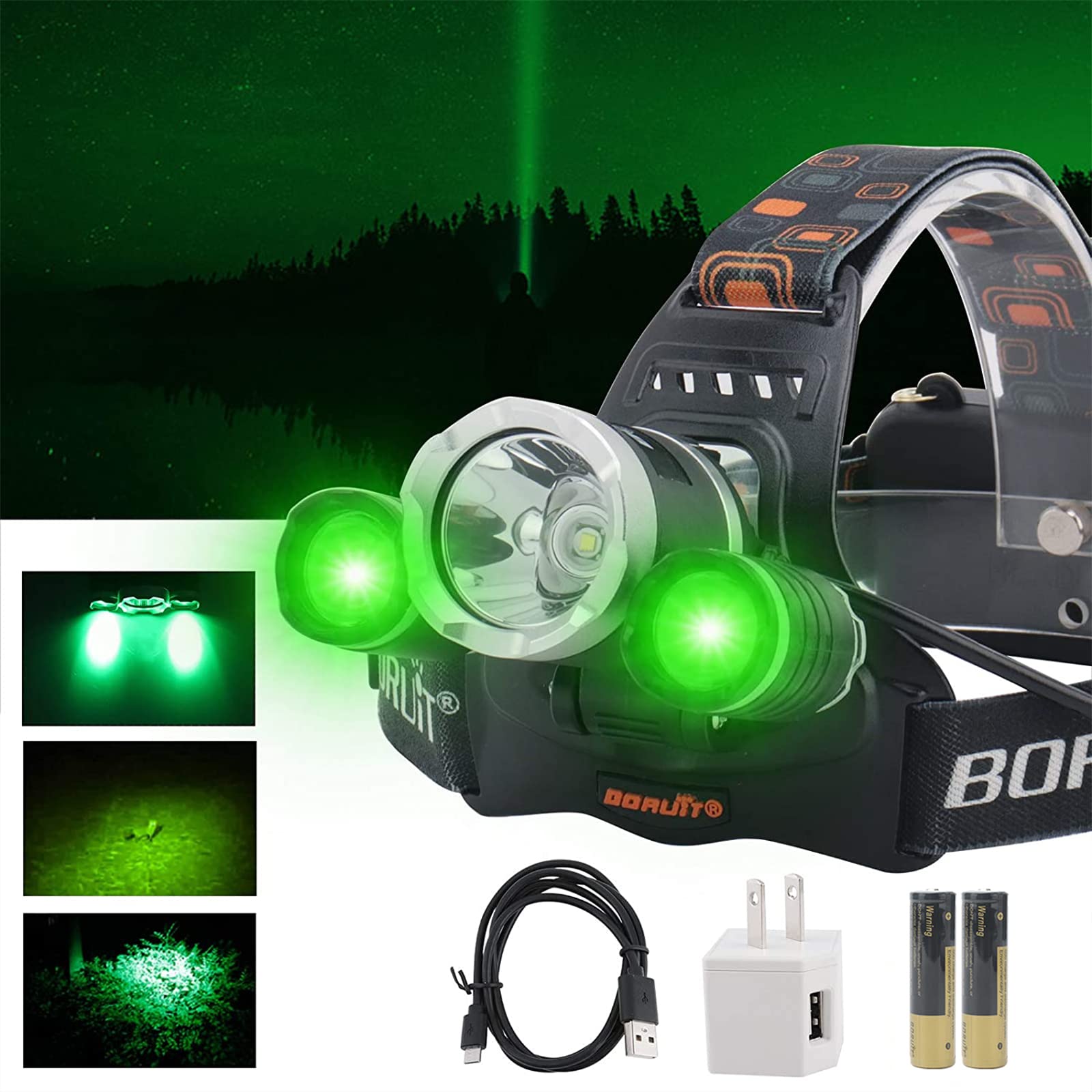 BORUIT RJ-3000 LED Green Headlamp - 5000 Lumens USB Rechargeable Hunting Headlight with 3 Modes (White/Green) - Tactical Headlamp for Fishing, Running, Camping, Hiking & Outdoor Adventures