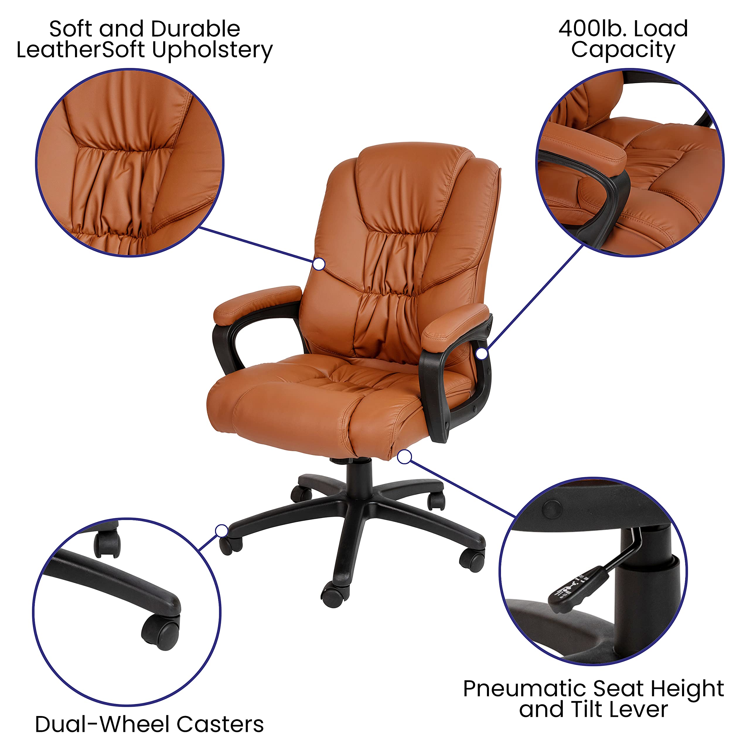 EMMA + OLIVER Big & Tall 400 lb. Rated Brown LeatherSoft Executive Office Chair - Heavy Duty Ergonomic Desk Chair for Home & Business Use
