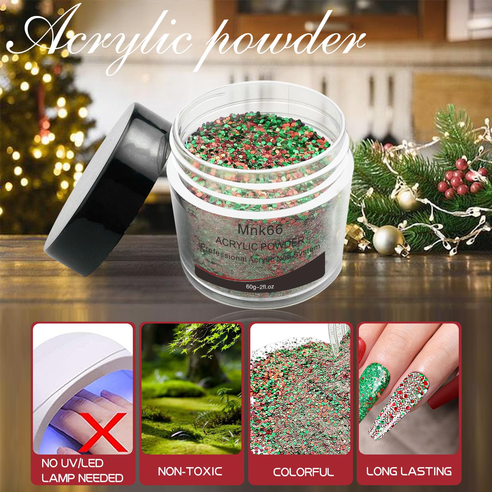 Professional Red & Green Christmas Glitter Acrylic Powder for Nail Extensions, French Nail Art, 3D Flowers & Nail Carving - 60g (YSHUJF012) | Perfect for Holiday Parties, Bridal Nails & DIY Manicures