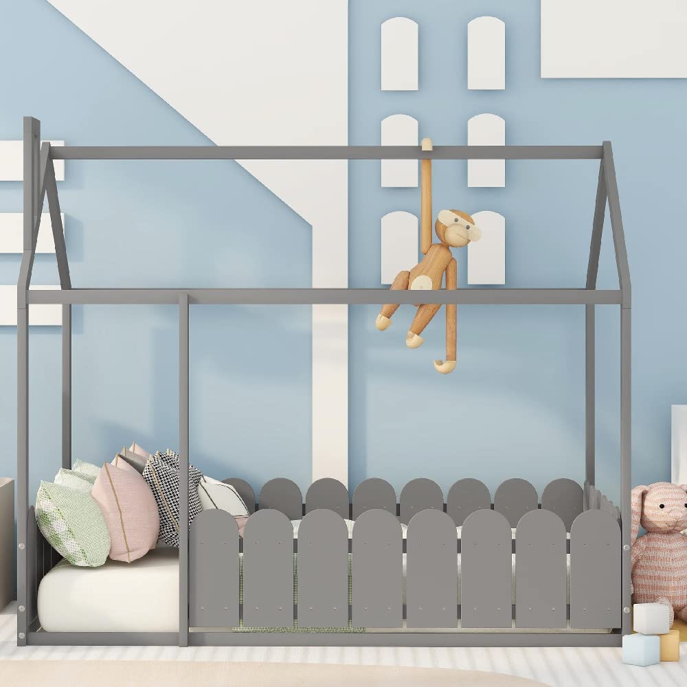Wood Twin House Bed for Kids with Roof & Fence - Montessori Cabin Bed for Toddlers & Teens (Gray) - Perfect for Small Bedrooms & Play Areas