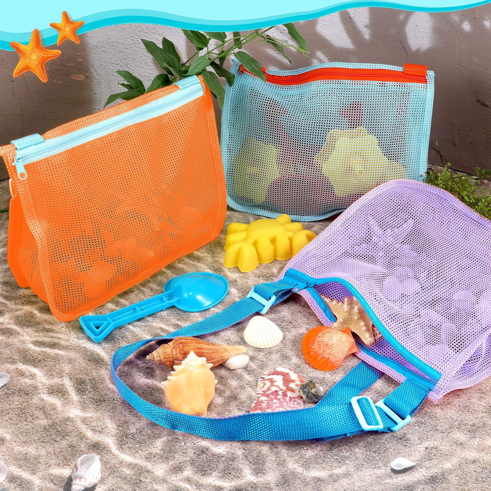 3 Pack Mesh Beach Bags for Kids - Sand Toy & Seashell Collecting Bags, Lightweight Swim Accessories for Boys & Girls (Toddler to Teen) - Perfect for Beach Trips, Pool Parties & Summer Vacations