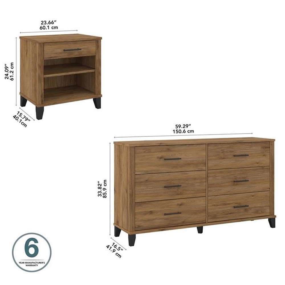 Bush Furniture Somerset 6-Drawer Dresser and Nightstand Set - Fresh Walnut Finish for Modern Bedroom Decor | Perfect for Storage and Organization in Master Bedrooms, Guest Rooms, and Apartments