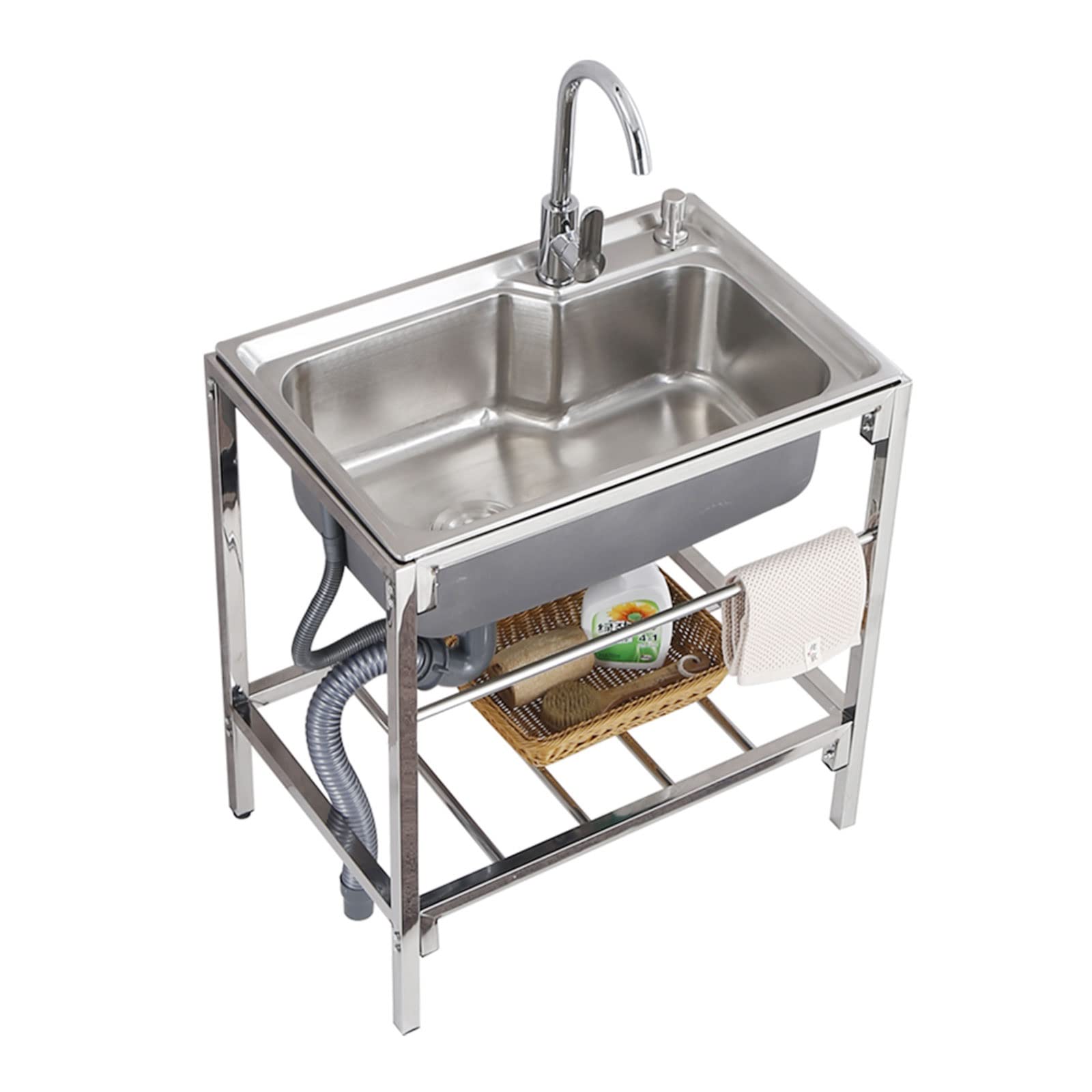 Stainless Steel Double Sink Kitchen Sink with Flow Stand - Perfect for Washing Vegetables, Outdoor Camping, BBQ Drainage & Farm Work (Garden Trash Receiving & Water Drain Hose Included) - Ideal for Outdoor Cooking, Gardening & RV Use