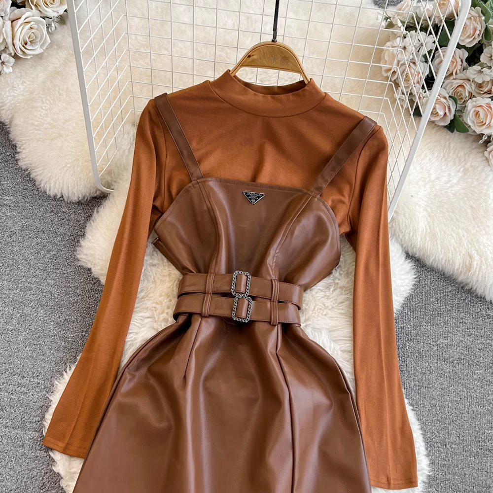 Stylish A-Line PU Leather Suspender Dress 2-Piece Set for Women | Long Sleeve Winter Outfit | Perfect for Holiday Parties, Office Wear & Date Nights