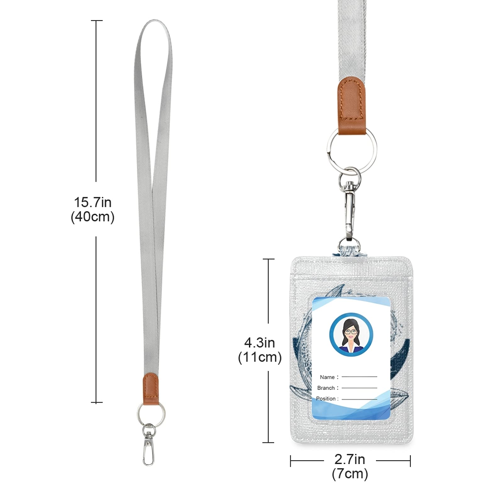Wave & Whale Vertical Leather ID Badge Holder with Lanyard - Office & School Staff Use