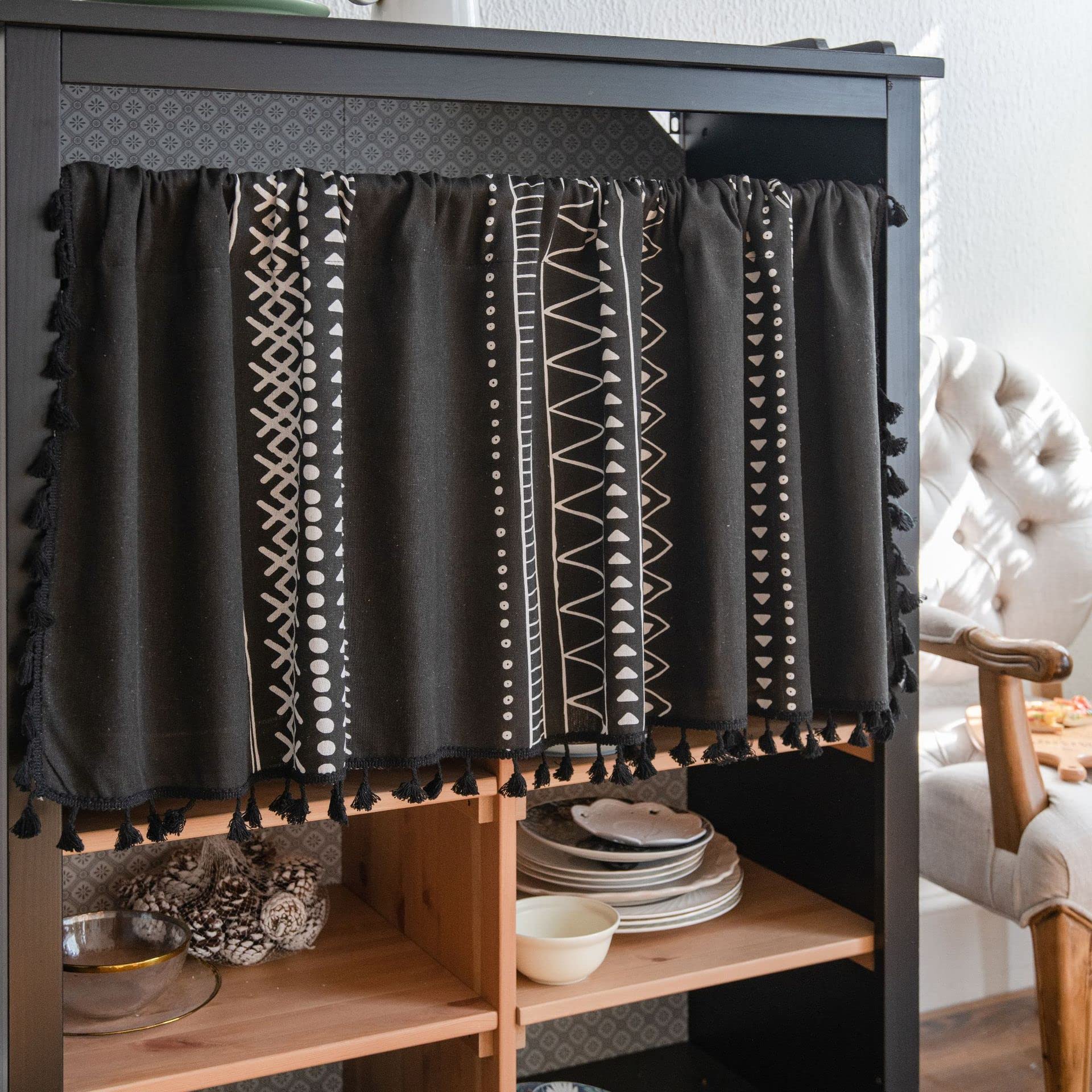 ABREEZE Boho Tassel Kitchen Valance - Black Geometric Cotton Linen Farmhouse Window Curtain Panel (59
