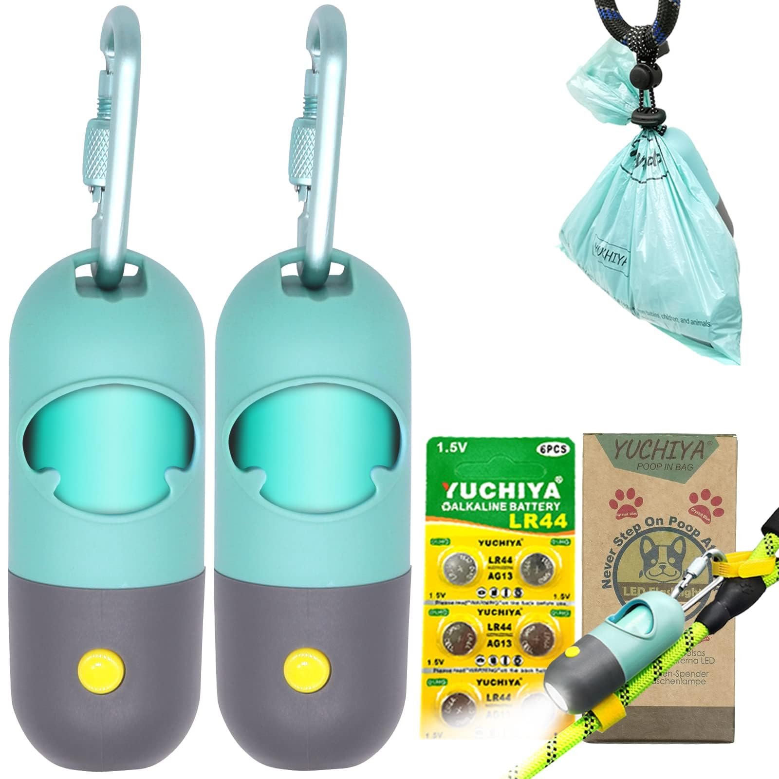 LED Flashlight Dog Poop Bags Holder - Leash Attachable Pet Waste Bag Dispenser with Leak-Proof Trash Bags (2 Holders + 30 Bags, Crystal Blue) - Perfect for Night Walks, Park Visits & Outdoor Adventures with Your Dog