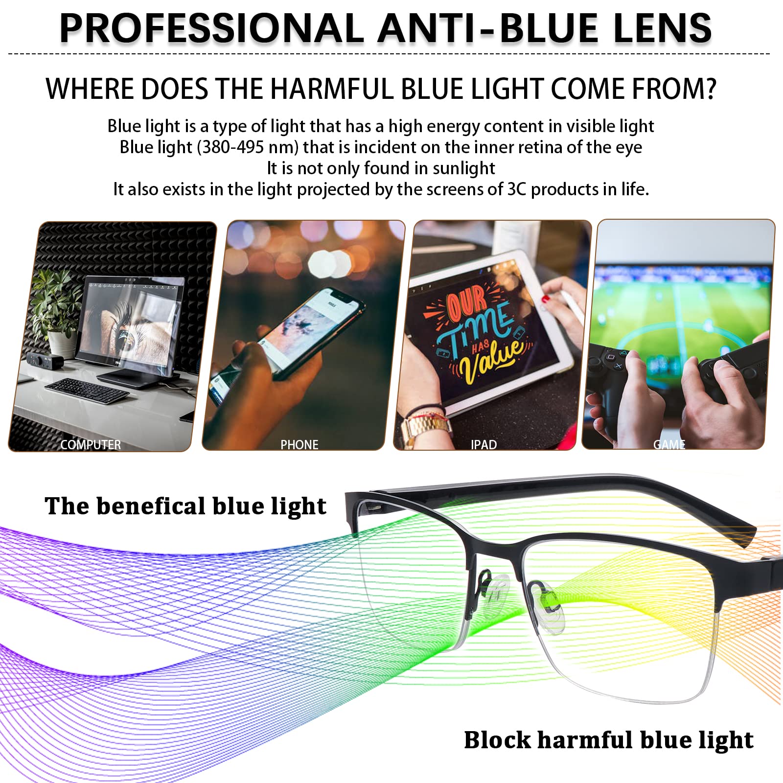 Blue Light Blocking Reading Glasses for Men - Progressive Multifocal Computer Glasses with Spring Hinge & Half Metal Frame - Perfect for Office Work, Screen Use and Daily Reading
