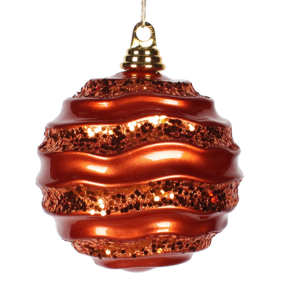 Orange Candy Glitter Wave Ball Ornament - 6 Inch Christmas Tree Decoration for Holiday Party, Home Decor, and Gift Giving