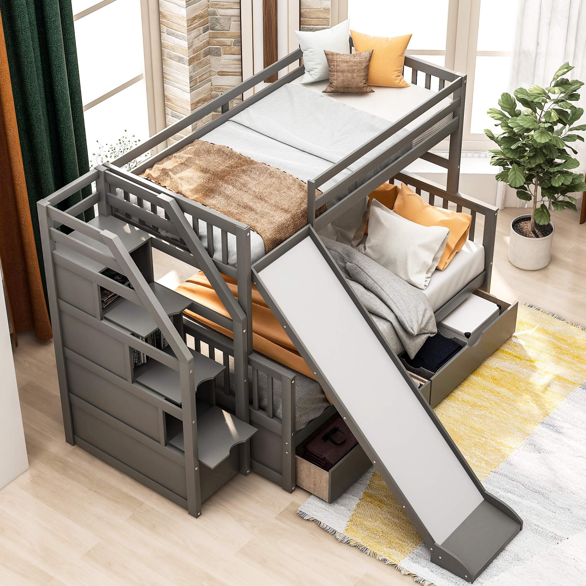Multifunctional Twin Over Full Bunk Bed with Stairs, 2 Drawers & Slide - Convertible Wood Loft Bed with Storage for Kids & Adults - Space-Saving Gray Bedroom Furniture for Small Rooms, Guest Rooms & Kids' Bedrooms