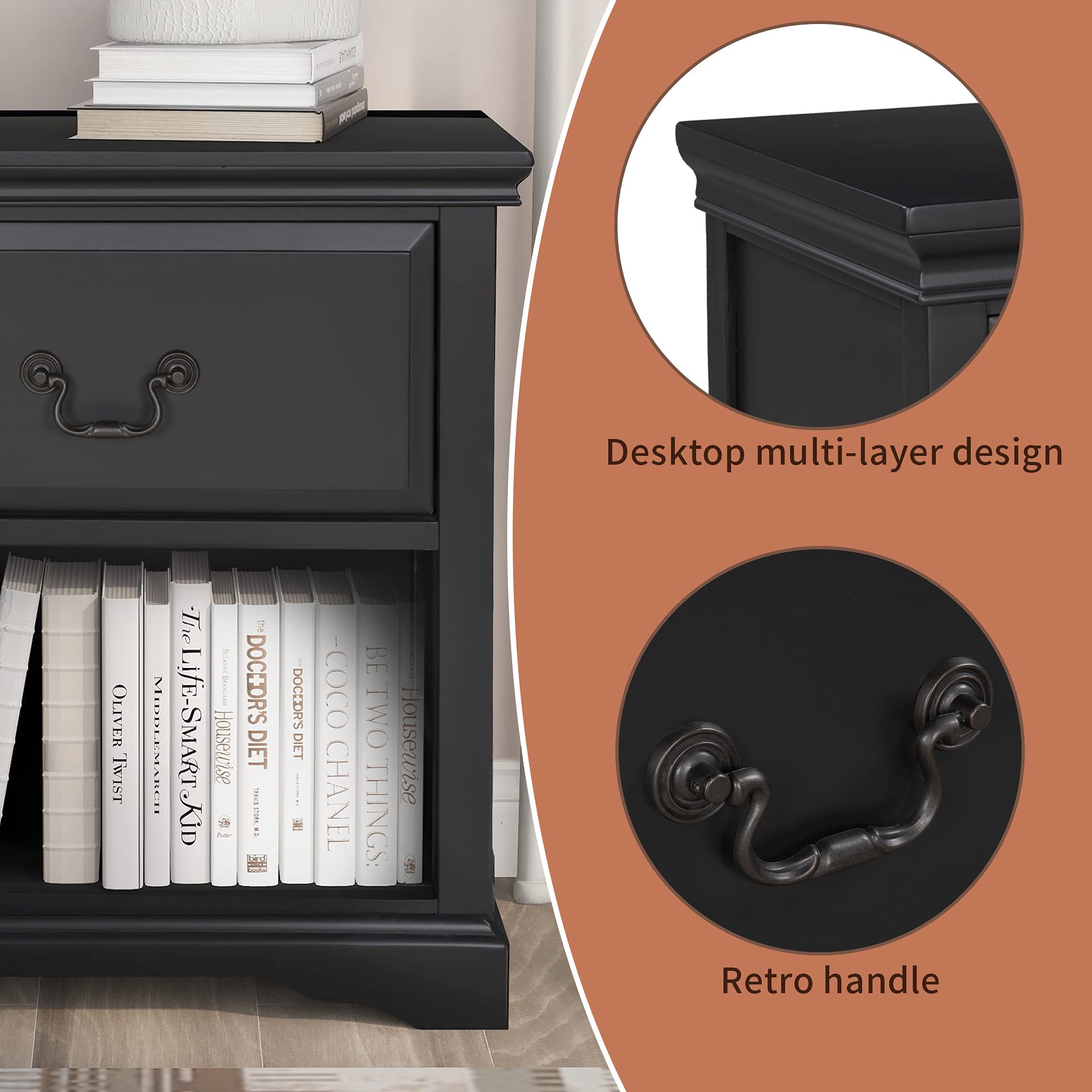 Solid Wood End Table Nightstand with 1 Drawer & Shelf - Rustic Retro Side Table for Living Room, Bedroom & Office - Traditional Storage Sofa Table in Black - Perfect for Small Spaces, Reading Nooks & Guest Rooms
