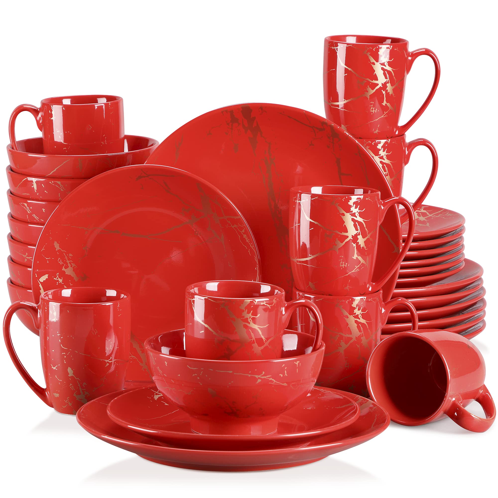 32-Piece Porcelain Dinnerware Set for 8 - Red & Gold Splash Glaze Round Plates, Bowls & Mugs | Modern LOVECASA Tableware for Dining, Entertaining & Special Occasions
