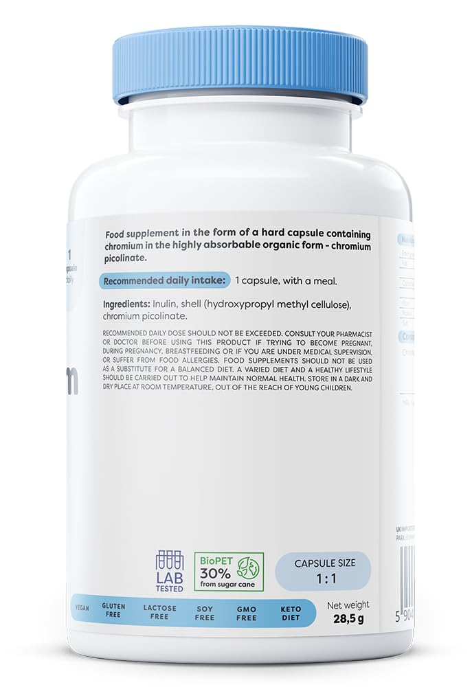 Chromium 200mcg Supplement - 90 Vegan Capsules for Blood Sugar Support & Metabolism Boost | Ideal for Diabetics & Weight Management