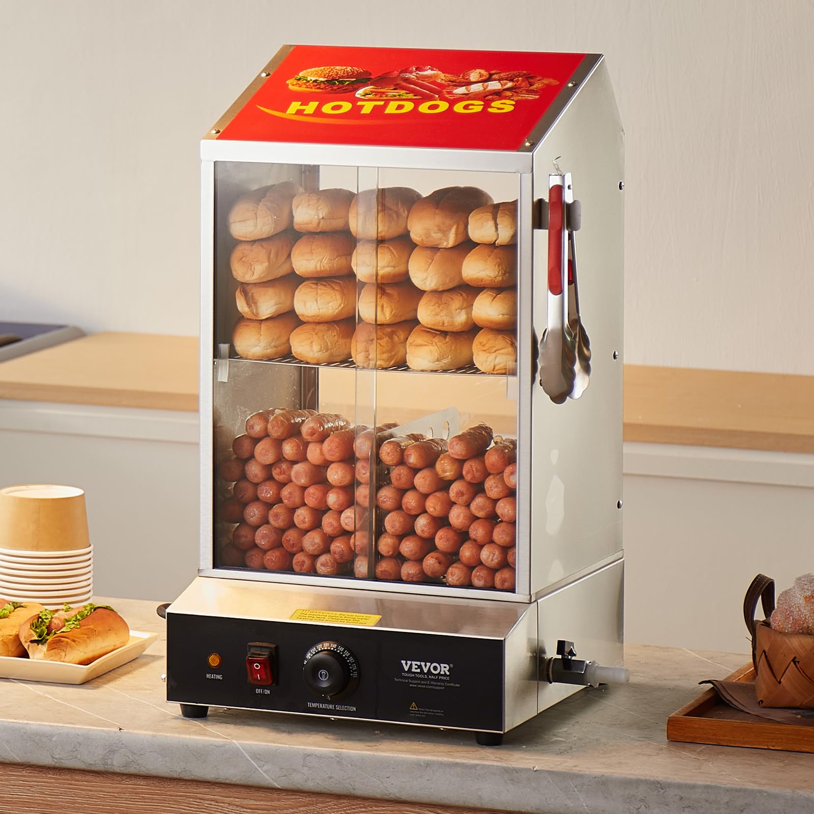 VEVOR 39QT Commercial Hot Dog Steamer - 2-Tier Electric Bun Warmer with Temperature Control (86°F-185°F), Stainless Steel Hot Dog Machine with Tempered Glass Doors & Serving Tools - Perfect for Hot Dog Stands, Food Trucks, and Restaurant Kitchens