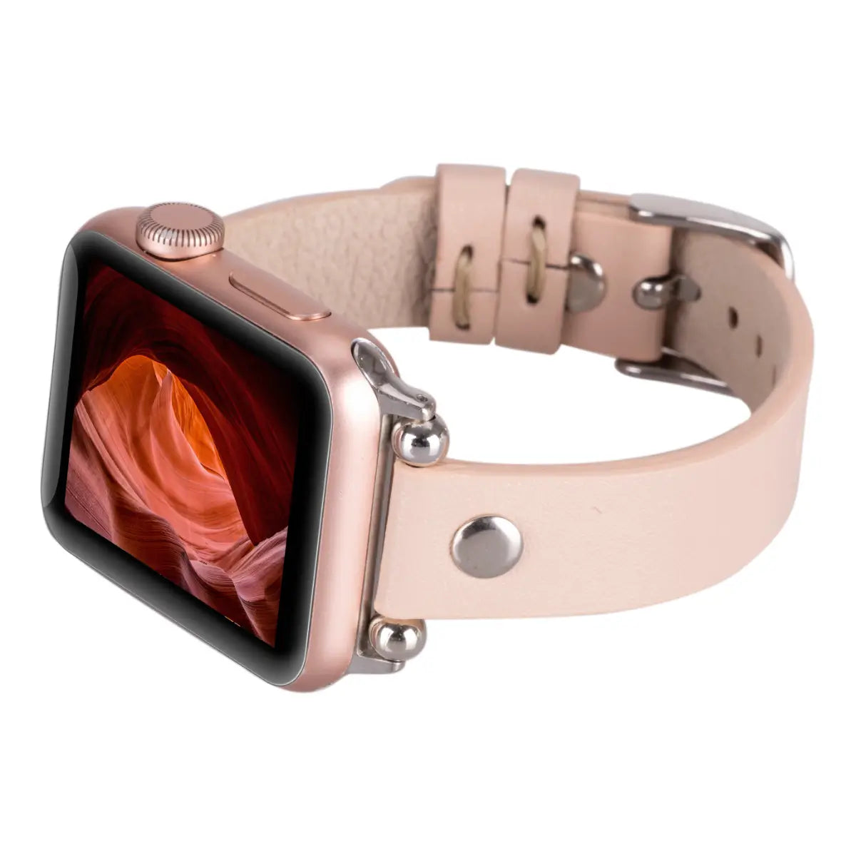 Ultra Slim Nude Pink Leather Apple Watch Band with Silver Rivet - Stylish & Comfortable for Workouts, Office & Everyday Wear