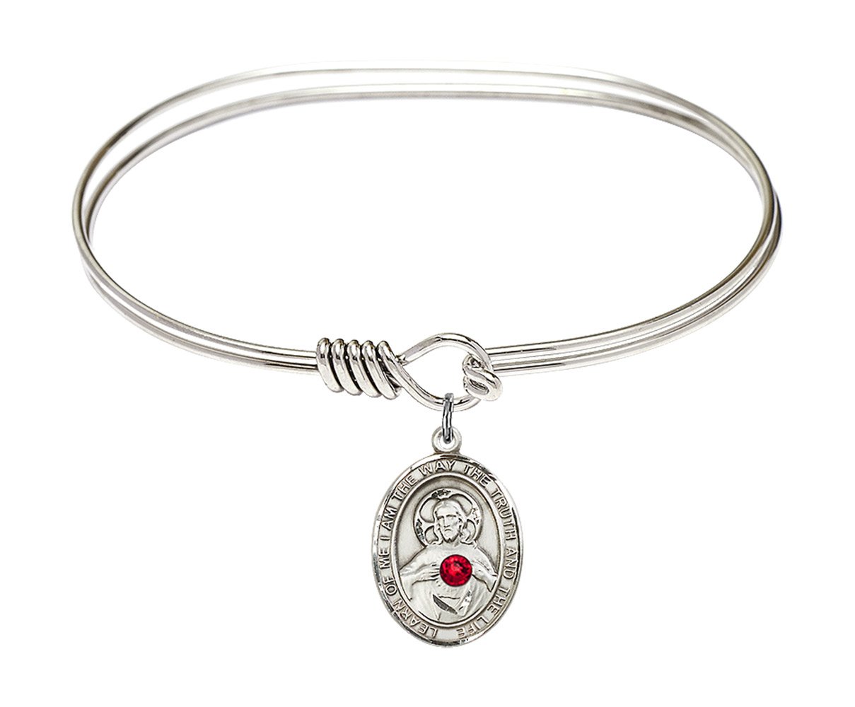 7 Inch Oval Eye Hook Bangle Bracelet with Scapular Medal Charm & July Red Crystal - Elegant Jewelry for Women, Perfect for Daily Wear, Parties, and Gifts