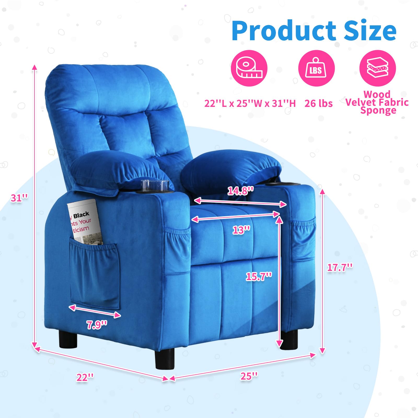 **Kids Recliner Chair with Cup Holder - Adjustable Velvet Lounge Chair with Footrest & Side Pockets - Ergonomic Toddler Sofa for Boys & Girls Bedroom (Navy) - Perfect for Reading, Gaming & Relaxing**