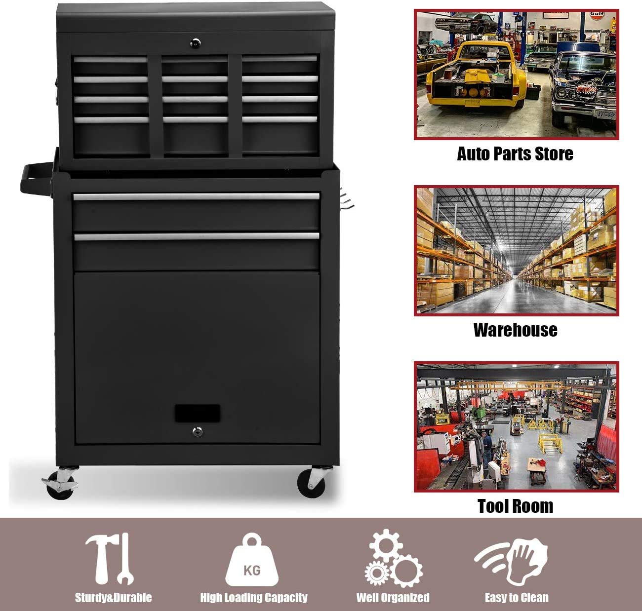 8-Drawer Rolling Tool Chest with Lock - Heavy-Duty Sliding Drawers & 4 Casters - High Capacity Tool Storage Cabinet for Garage, Workshop, Warehouse - Removable Organizer for Mechanics & DIY (Cool Black) - Perfect for Professional Tool Organization & Home Improvement Projects