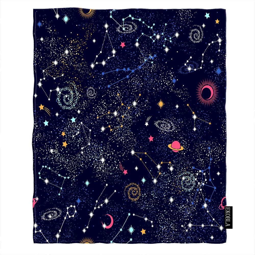 EKOBLA Galaxy Space Throw Blanket - Soft Flannel Fleece Blanket with Planets & Stars Design for Bedroom, Sofa, Couch & Car - Perfect for Stargazing, Movie Nights & Outdoor Adventures