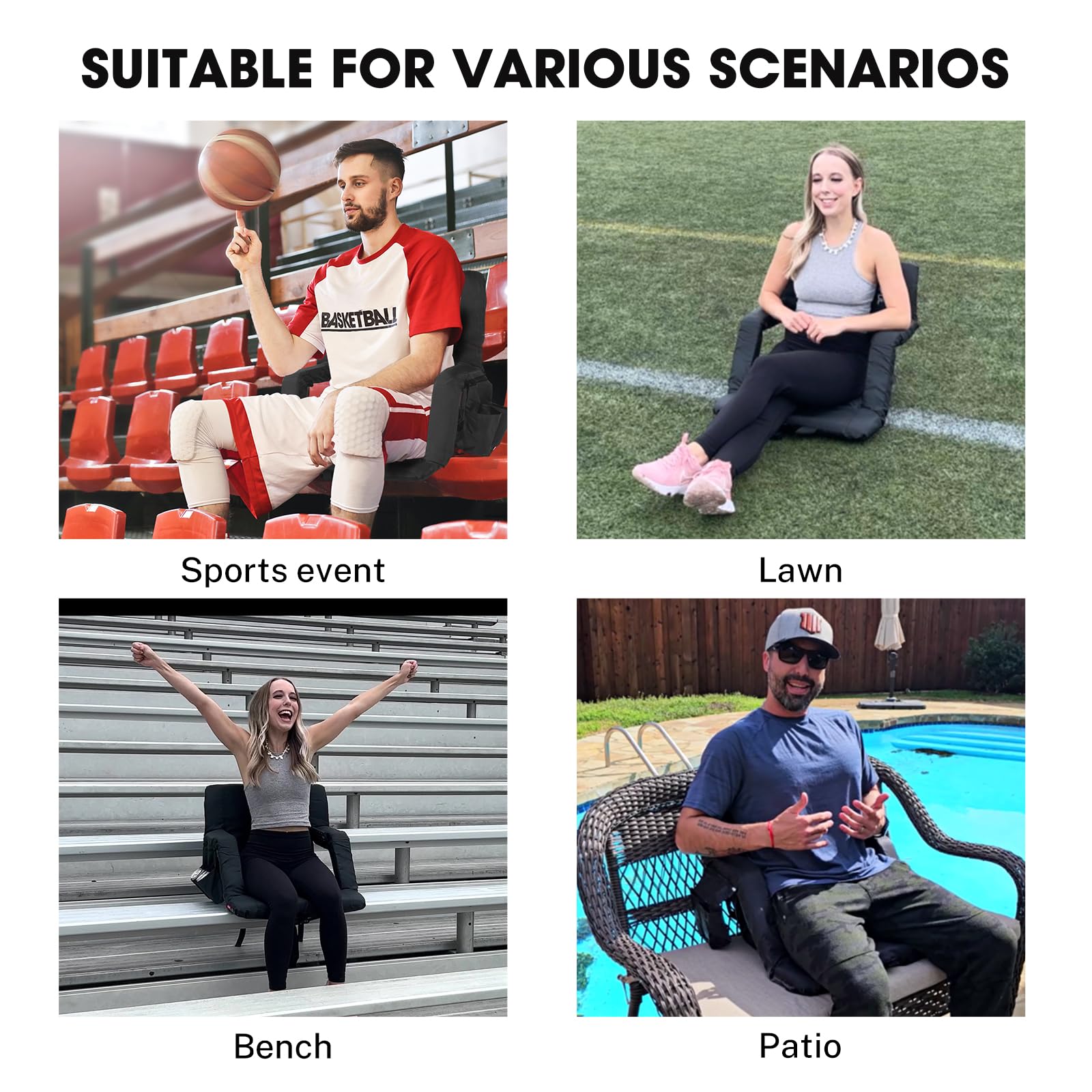 HOMFUL Portable Folding Stadium Chair with Lumbar & Back Support - Padded Reclining Bleacher Seat for Sports Games, Outdoor Camping, Beach Concerts, Picnics & Events - Comfortable Cushioned Seating for Long Hours