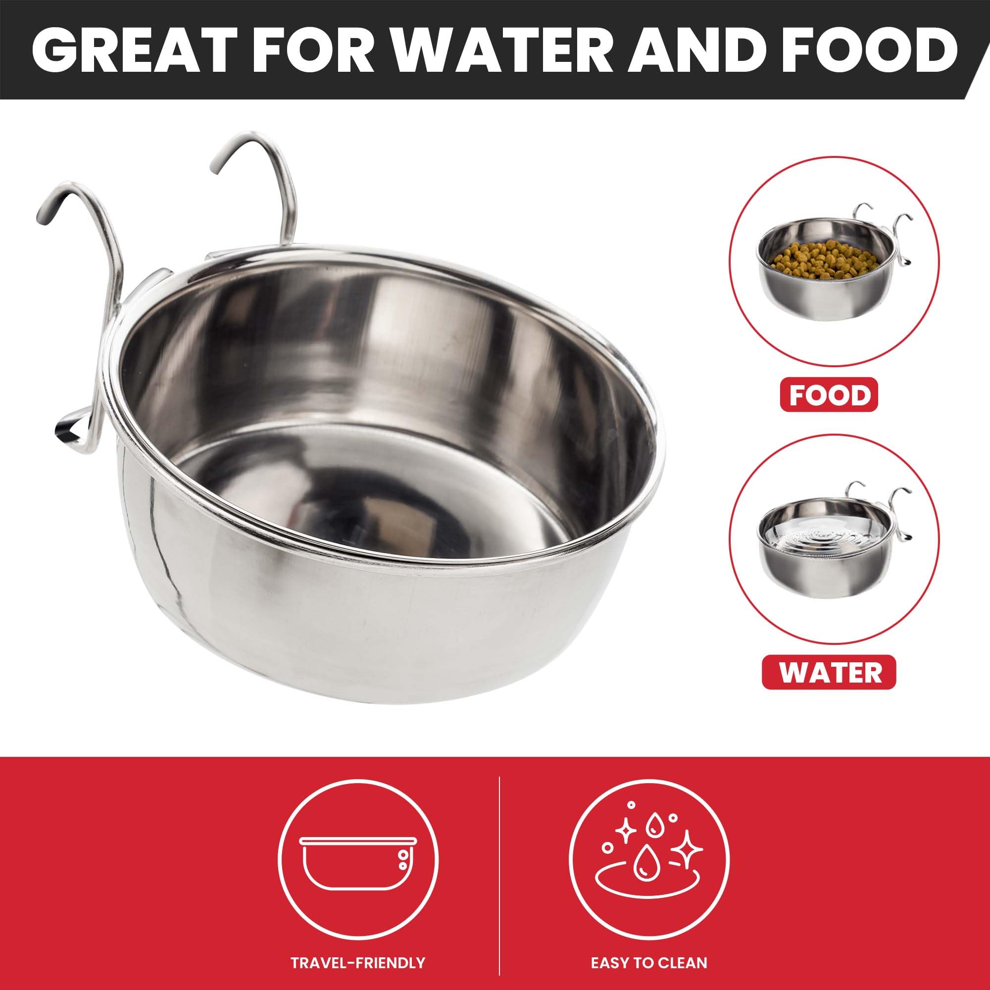 Stainless Steel Pet Bowl with Wire Hooks - 20oz Durable Chew-Proof Food Water Dish for Cages Crates - Easy Install Removable for Dogs Cats Birds Reptiles - Perfect for Travel Training & Home Use