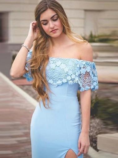 Elegant Blue Lace Off-Shoulder Mermaid Prom Dress with Side Slit - Perfect for Evening Parties, Formal Events & Special Occasions