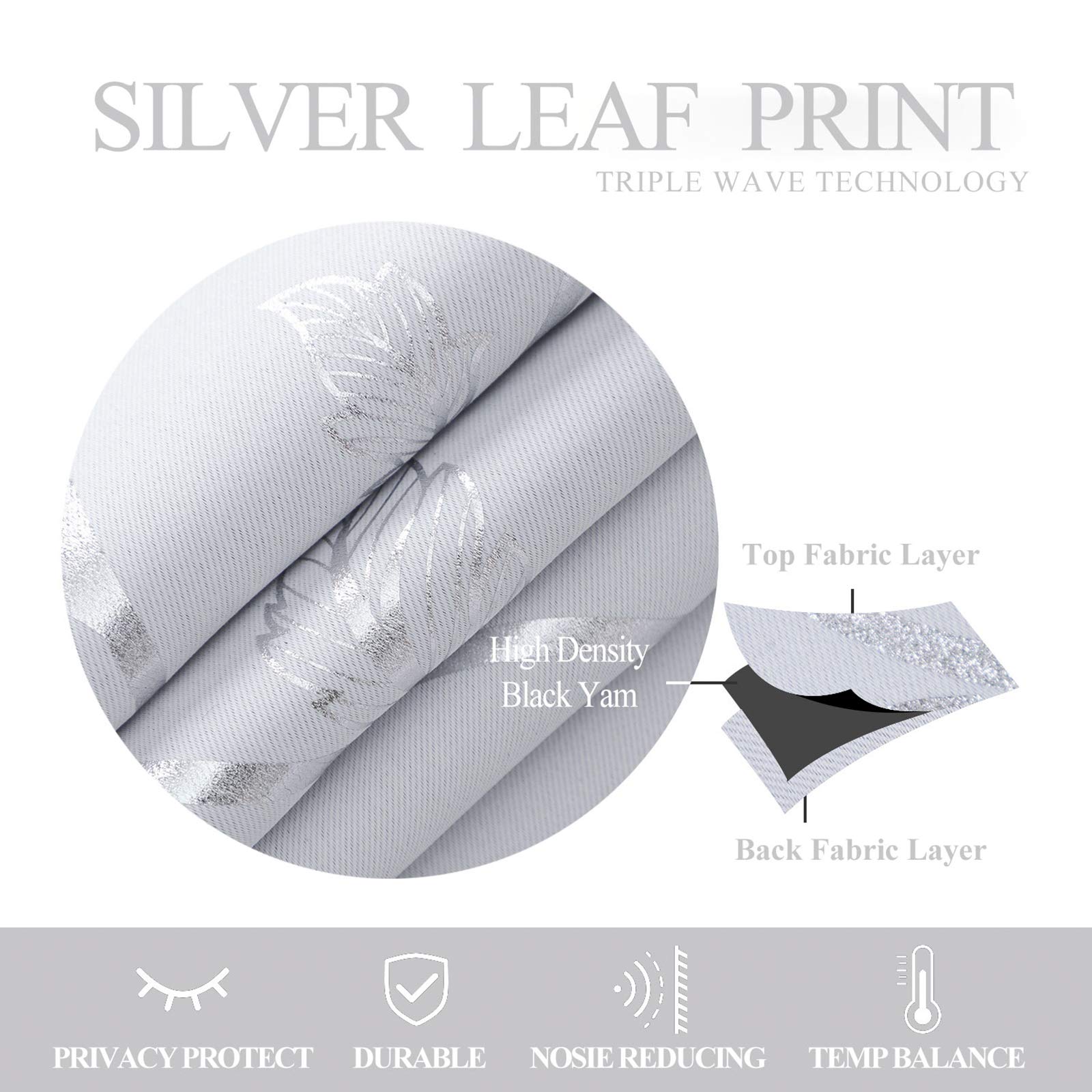 BUHUA Greyish White Blackout Curtains with Shiny Silver Vine Print - Thermal Insulated Room Darkening Drapes for Bedroom (38