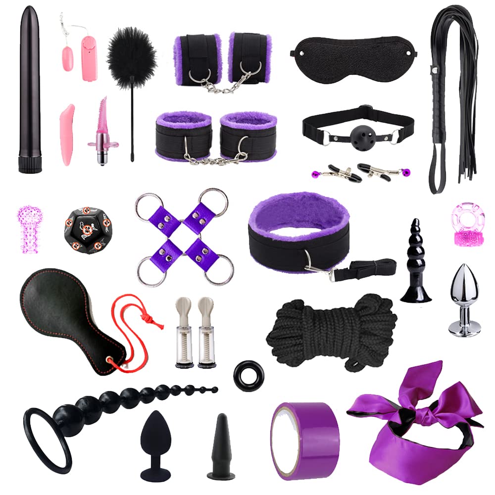 28-Piece BDSM Restraints Kit for Beginners - Bondage Cuffs, Gag, Blindfold & Spanking Paddle in Purple | Fetish Bed Restraints Set for Couples Adult Games & SM Play | Enhance Intimacy & Spice Up Your Sex Life