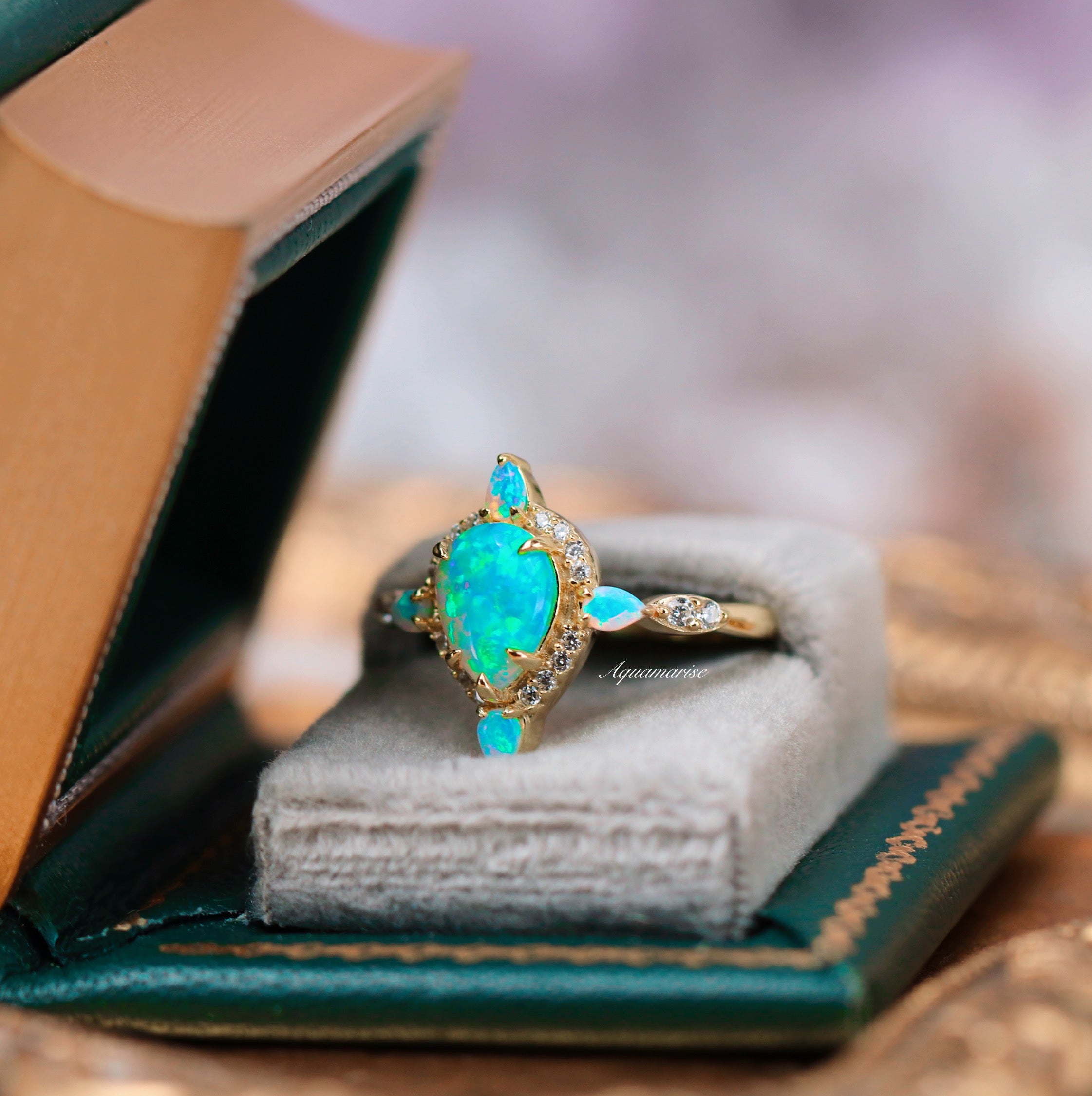 Blue Fire Opal Engagement Ring - 14K Yellow Gold Vermeil for Women | Elegant Wedding, Anniversary & Promise Ring | Perfect for Proposals & Special Occasions