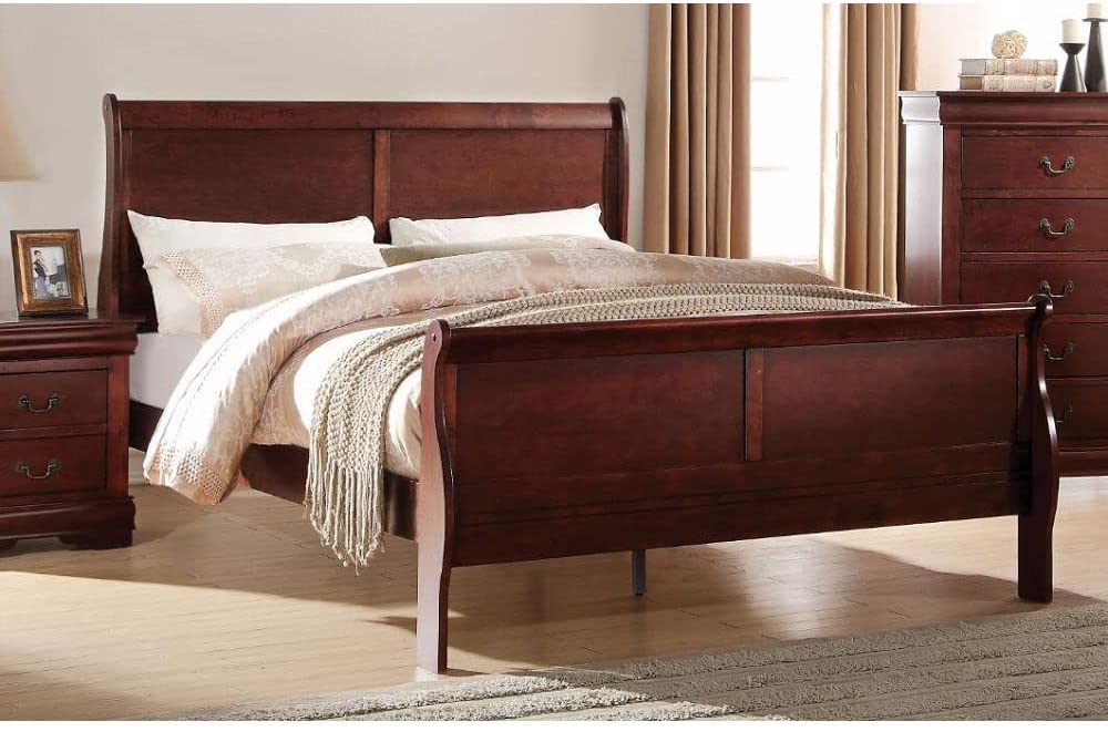 Louis Philippe Eastern King Size Bed Frame in Cherry Finish - Solid Wood Bedroom Furniture - Fast US Shipping | Perfect for Master Bedrooms & Guest Rooms