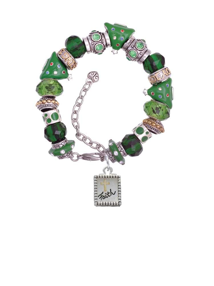 Delight Jewelry Two-Tone Shadow Box Message Green Christmas Bead Bracelet - Adjustable 7