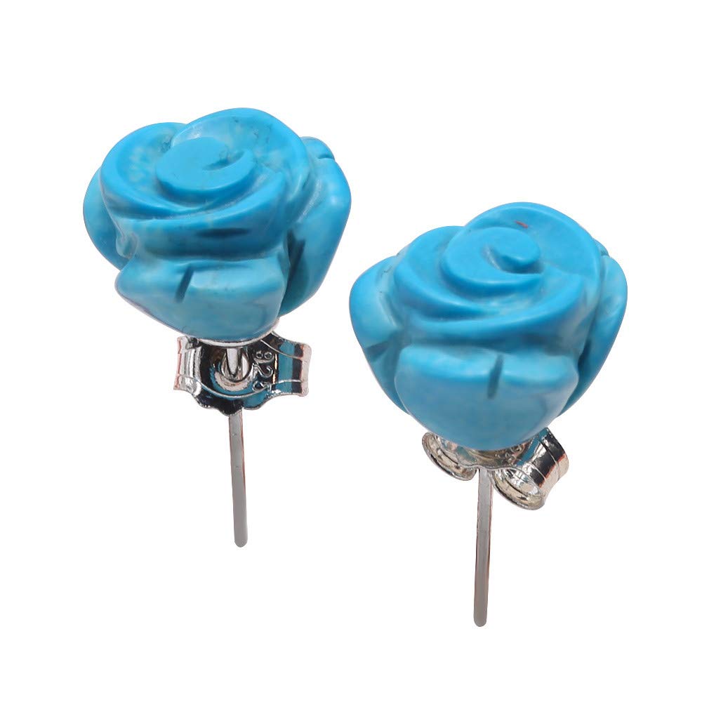 Handmade Carved Rose Flower Stud Earrings for Women | 11mm Blue Turquoise Jewelry | Elegant Fancy Earrings for Party, Wedding & Everyday Wear