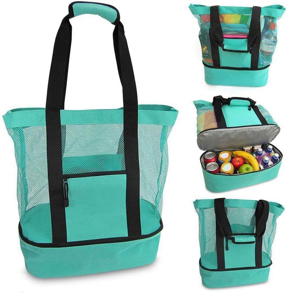 MOQLOM 2 in 1 Picnic Bag with Detachable Cooler - Large Insulated Double-Layer Mesh Beach Bag for Outdoor Camping, Travel & Picnics | Keeps Food Fresh | Perfect for Beach Days, Park Outings & Road Trips (Green)