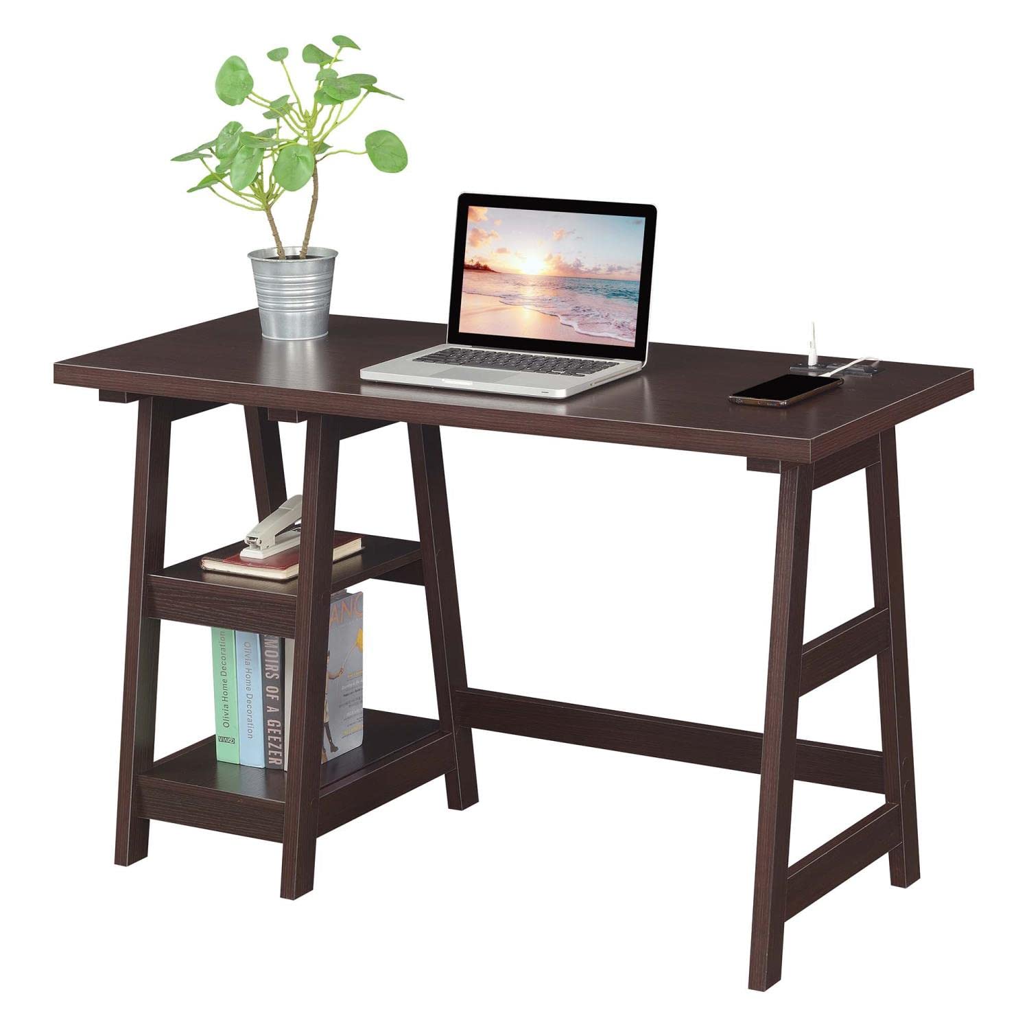 Convenience Concepts Designs2Go Trestle Desk with USB Charging Station & Storage Shelves - Espresso Finish Home Office Desk for Remote Work & Study