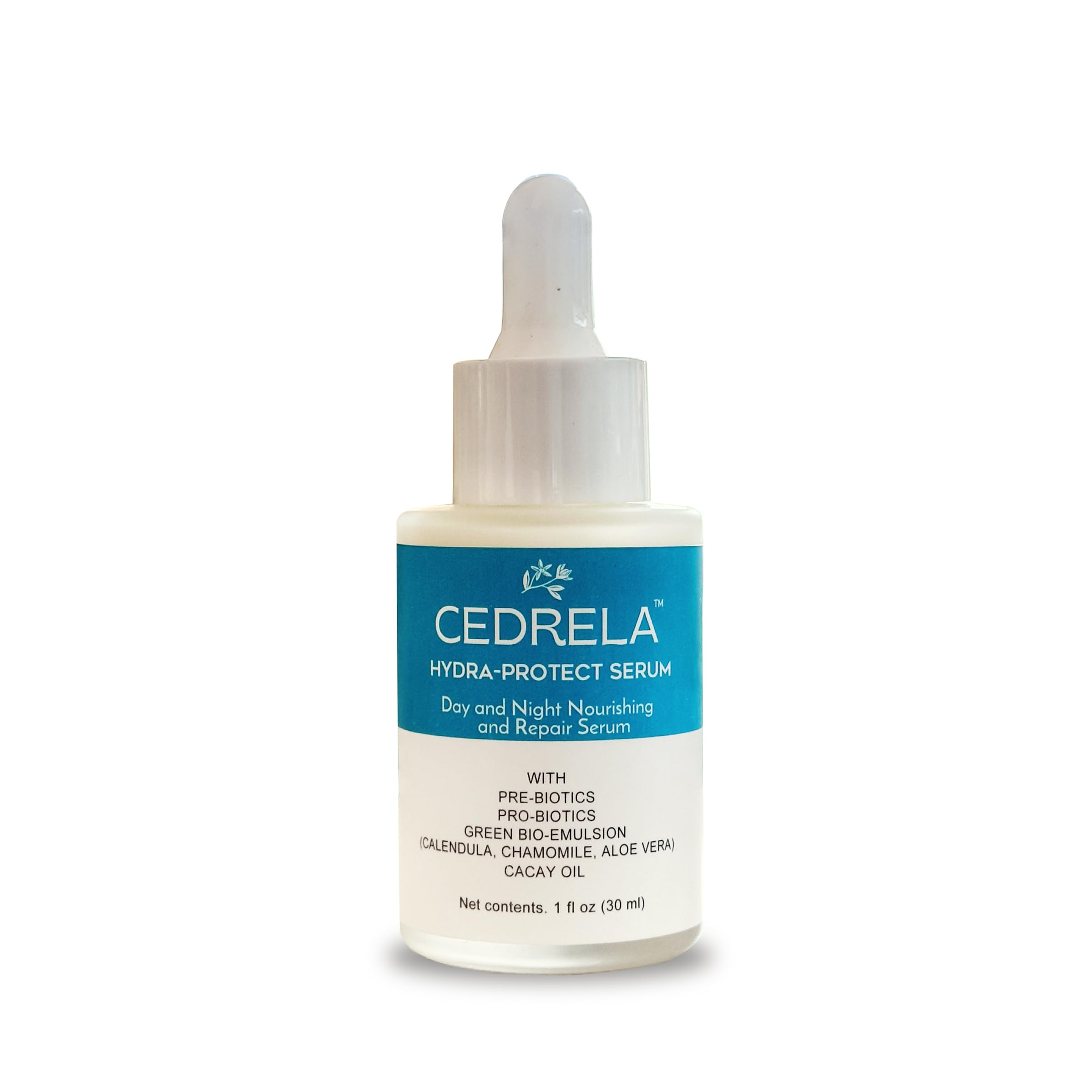 Cedrela Hydra-Protect Serum - Day & Night Nourishing Repair with Prebiotics, Probiotics, Bioemulsion, Calendula, Chamomile & Aloe Vera - Vegan, All-Natural Facial Serum (1 fl oz) - Hydrating Skincare for Dry, Sensitive Skin - Perfect for Daily Moisturizing Routine & Anti-Aging Care