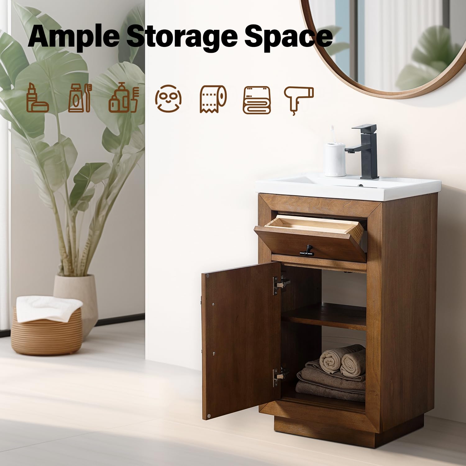 Vanity Art 20 Inch Modern Bathroom Vanity with Ceramic Sink & Marble Top - Small Wood Vanity Cabinet with Doors, Removable Shelf & Solid Wood Frame (Tan VA7020) - Perfect for Small Bathrooms, Powder Rooms & Apartment Makeovers