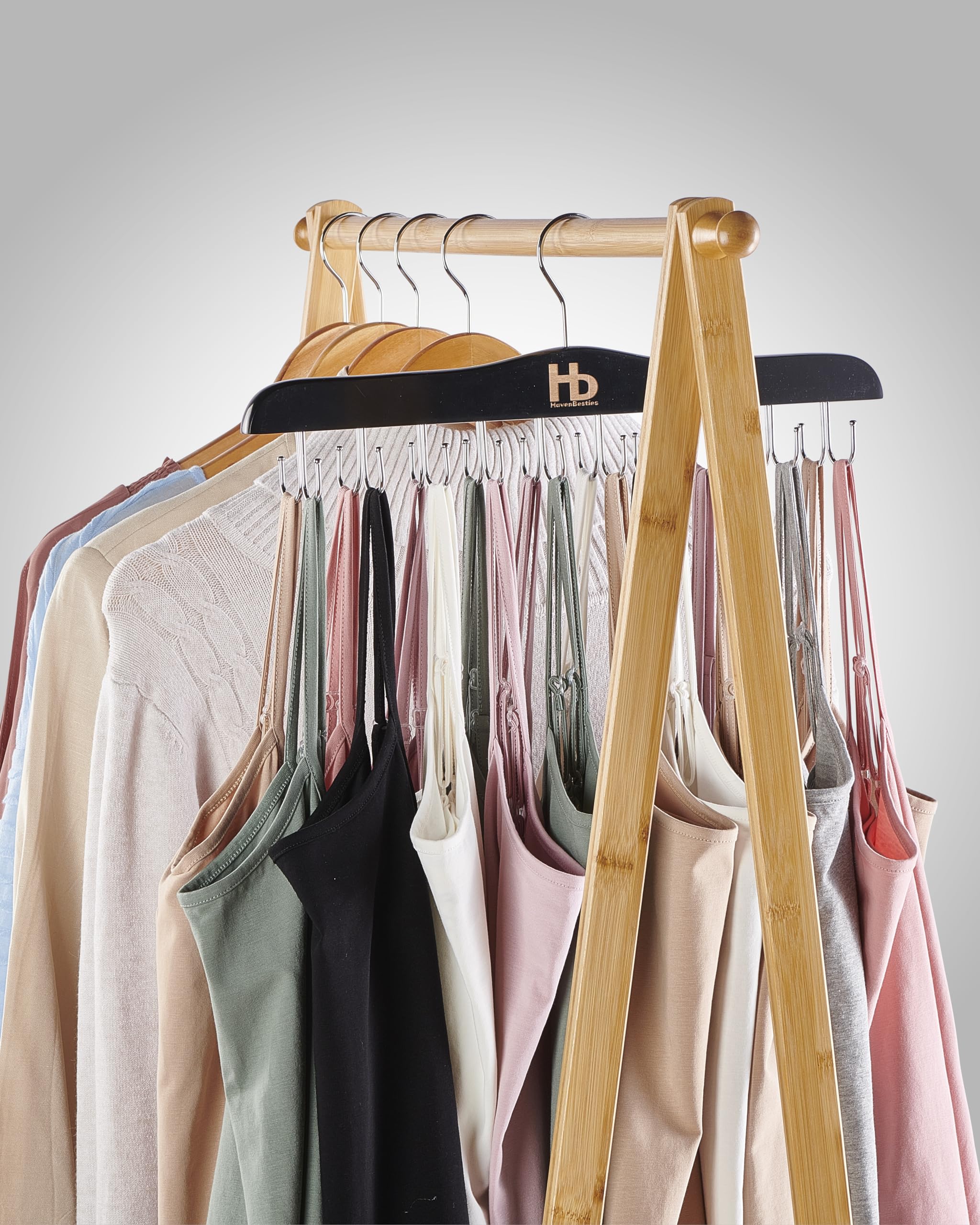Foldable Wooden Bra Hanger Organizer with 20 Hooks - Space Saving Closet Storage for Tank Tops, Lingerie & Accessories - Perfect for House, Dorm, Apartment (Lotus Wood, Black, 1 Pack) - Ideal for Small Spaces & Wardrobe Organization