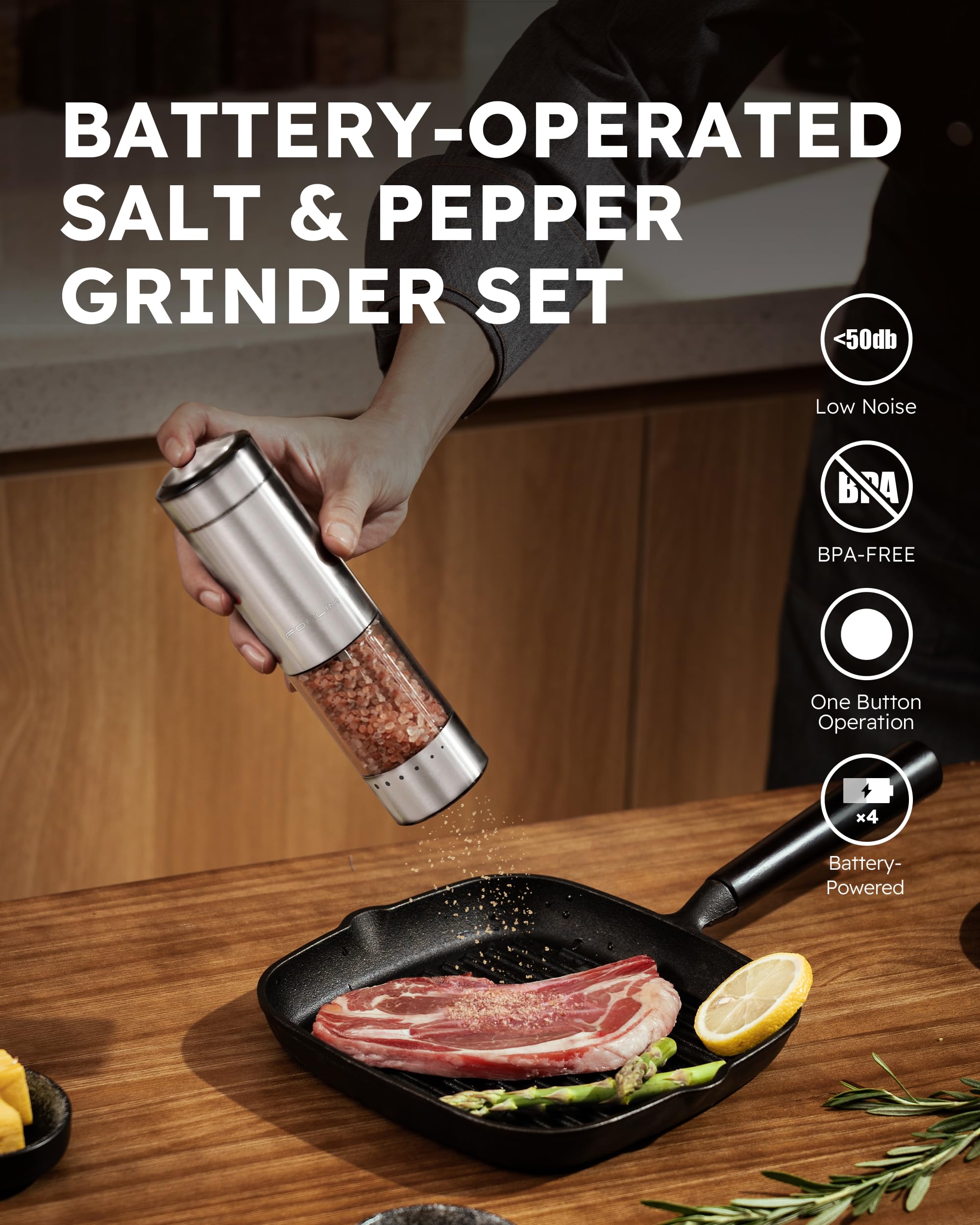 FORLIM Electric Salt and Pepper Grinder Set - Rechargeable Battery Powered, One-Hand Operation with LED Light, Adjustable Coarseness, Stainless Steel & Washable Design - Perfect for Kitchen, Dining Table, Camping, and Gifts