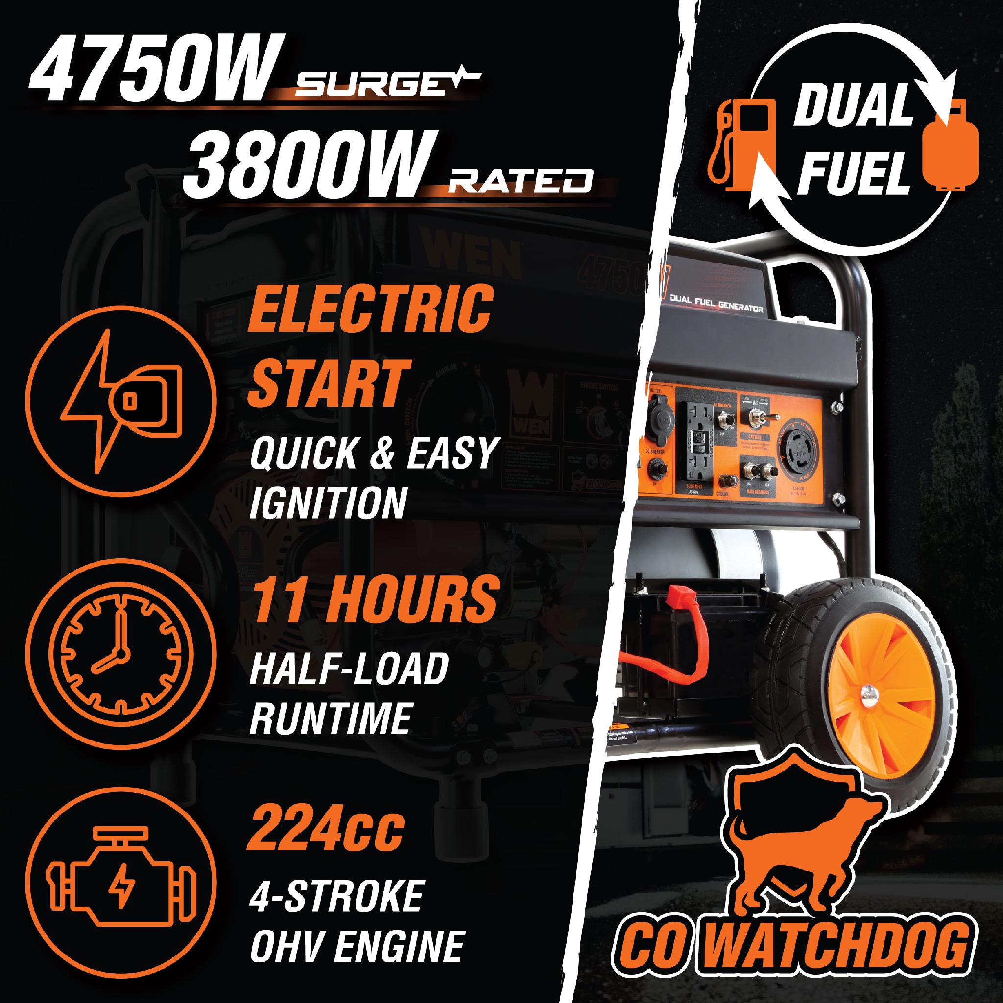 WEN DF475X 4750W Dual Fuel Portable Generator with Wheel Kit - 120V/240V Electric Start & CO Watchdog - Ideal for Home Backup Power, Camping and Outdoor Activities