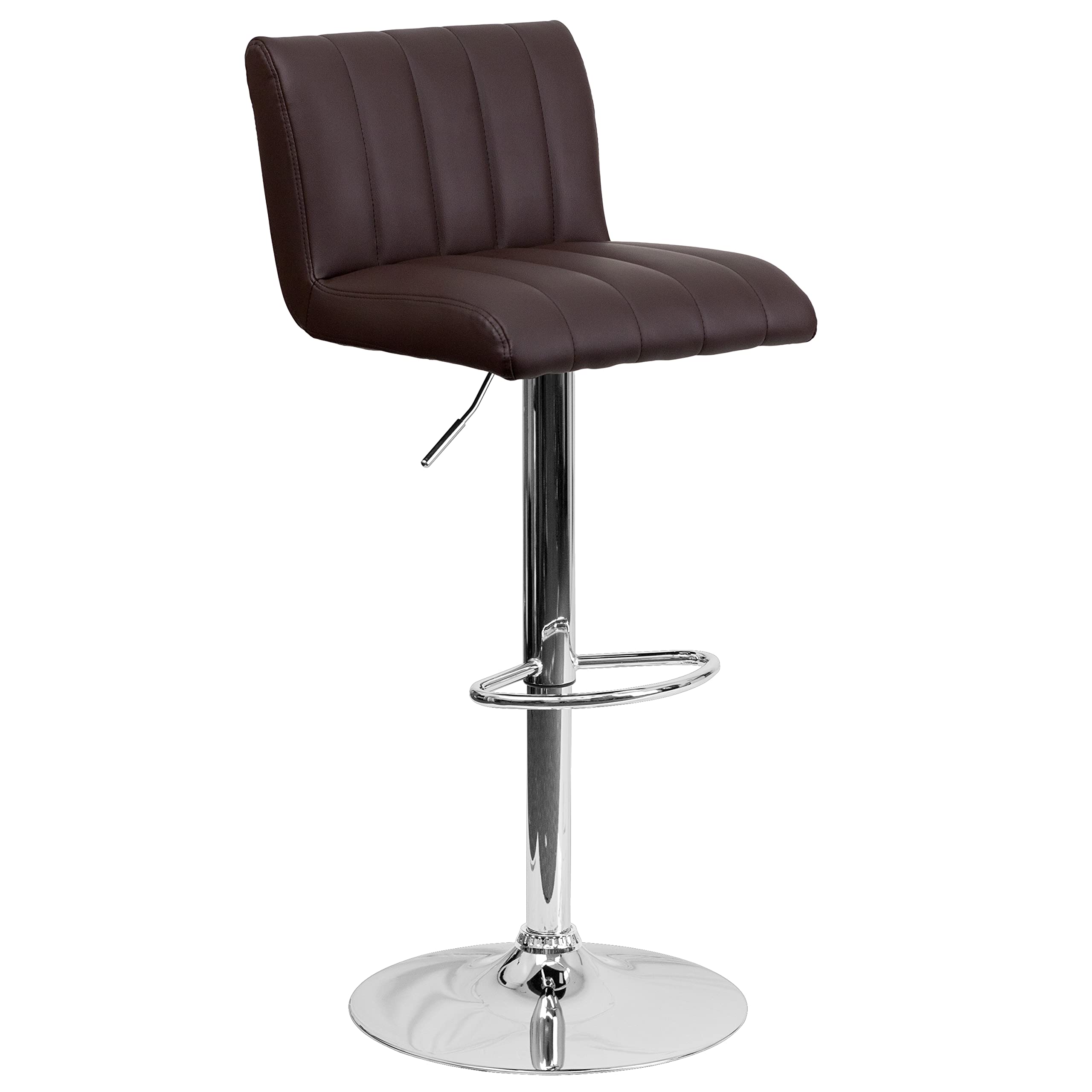 EMMA + OLIVER Adjustable Height Bar Stool - Brown Vinyl Upholstery with Vertical Stitching for Kitchen Island, Breakfast Bar or Home Decor
