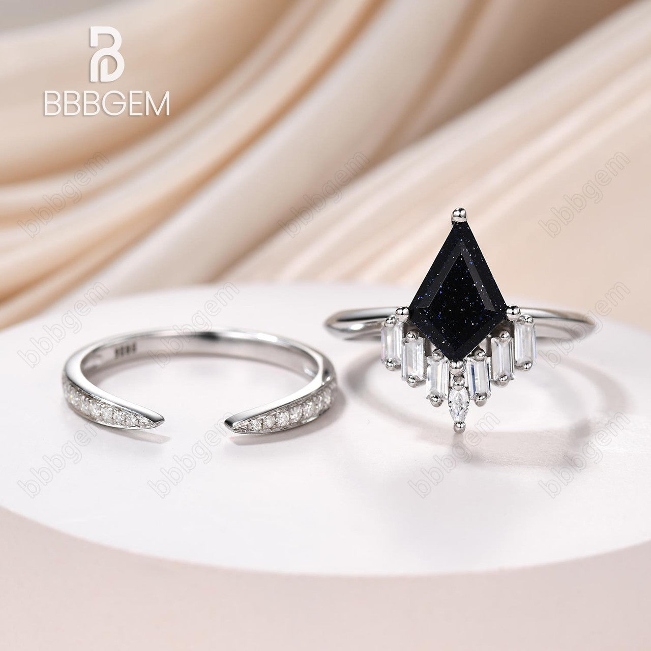 18K White Gold Knife Edge Kite Blue Sandstone Engagement Ring with Cluster Baguette & Pave Moissanite - Elegant Wedding Band, Anniversary Gift for Her - Perfect for Proposals, Bridal Jewelry & Special Occasions