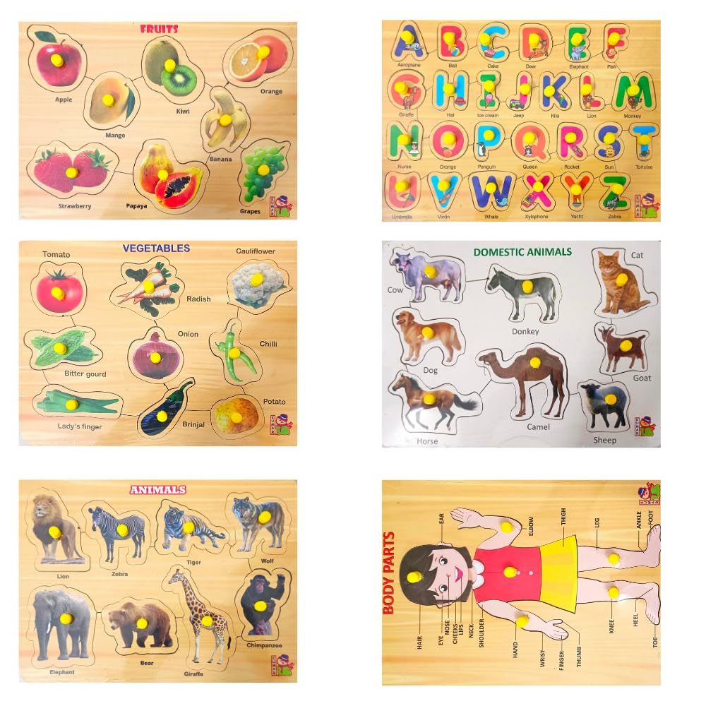 Educational Wooden Learning Boards & Jigsaw Puzzles for Kids 3+ and Adults - 6-Piece Combo Set | STEM Toys, Montessori Learning, Family Game Night Activities