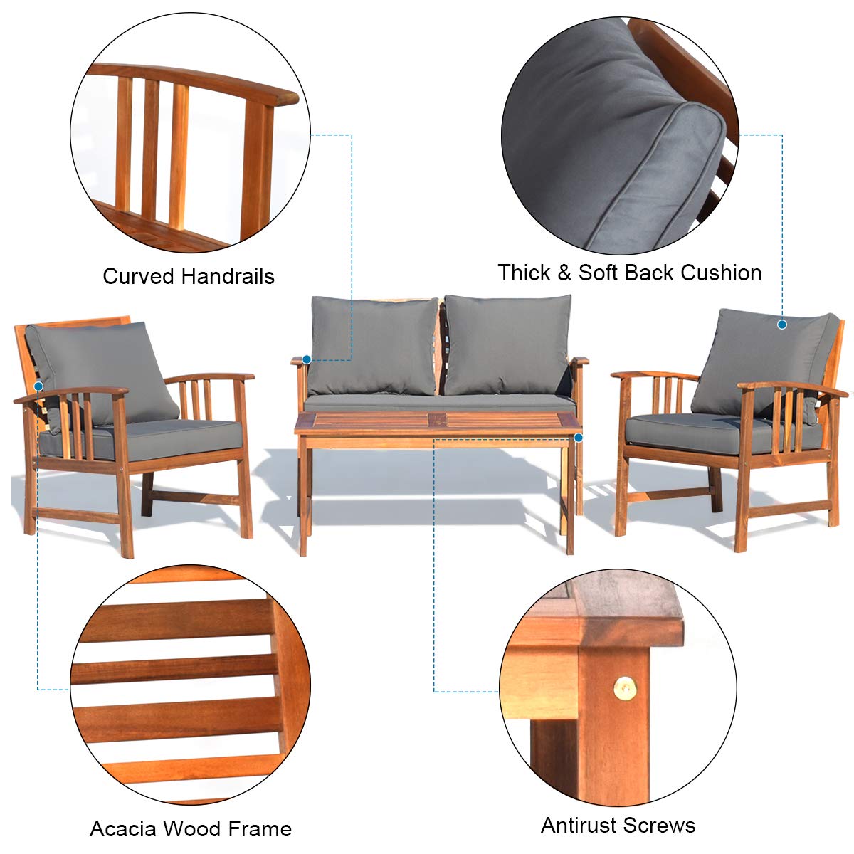 Tangkula 4-Piece Acacia Wood Outdoor Patio Furniture Set with Gray Cushions & Back Pillows - Durable Garden Conversation Set with Coffee Table for Backyard, Poolside, Deck & Patio Relaxation