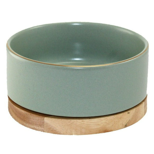 Premium Glazed Ceramic Pet Bowl with Natural Wood Stand - Elegant Elevated Dog & Cat Food Dish for Small to Medium Pets - Perfect for Home, Kitchen, or Dining Area