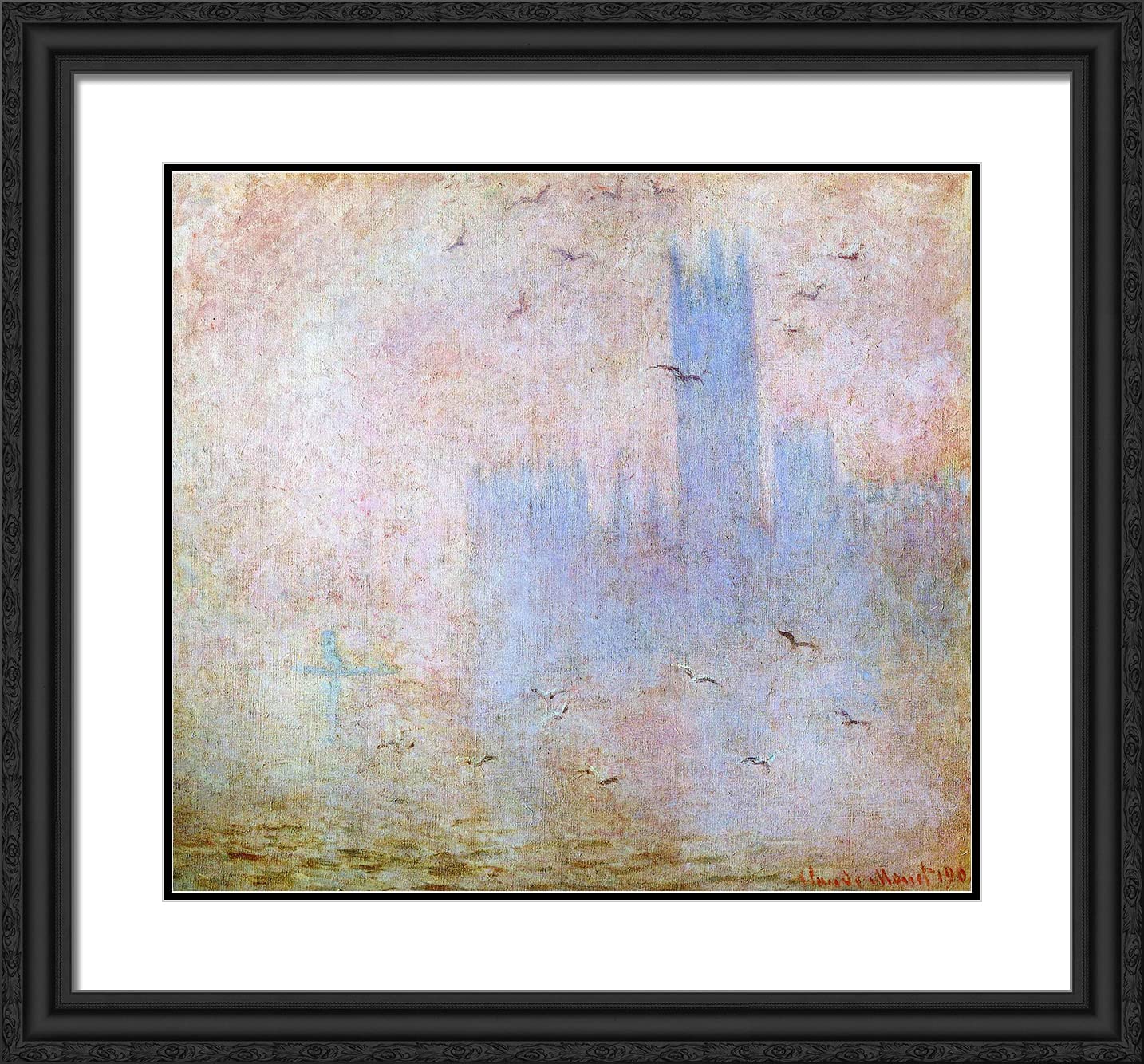 Claude Monet Seagulls Over the Houses of Parliament Framed Art Print - 21x20 Inch Black Ornate Frame with Double Matting - Perfect for Living Room, Office & Home Decor