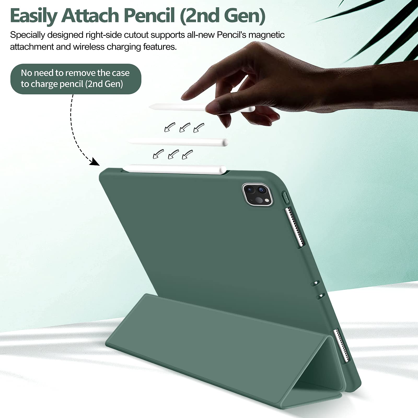 Premium Slim Trifold Protective Case for iPad Pro 11 Inch 4th/3rd/2nd Gen (2022/2021/2020 Model) - Soft TPU Back Cover with Apple Pencil 2 Charging Support & Auto Sleep/Wake - Dark Green - Perfect for Work, Travel & Daily Use